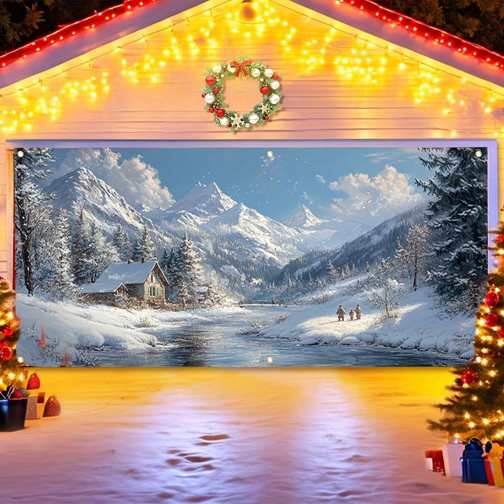 

2d Door Banner, 1pc Winter Garage Door Banner - 100% Polyester, & River Scene With , Ideal For Indoor/outdoor Holiday Decor, Garden & Party Background, 71x157 Inch, Garage Door Christmas Decorations