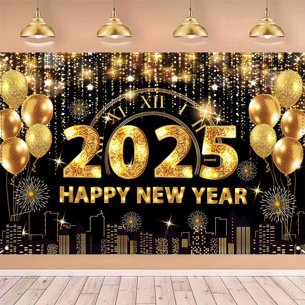 

2025 Happy New Year Banner - " .3" Black & Golden Polyester Wall Decor, Indoor/outdoor Celebration Backdrop