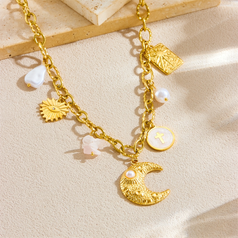 Crescent Imitation Pearl Circle Cross Pendant Necklace