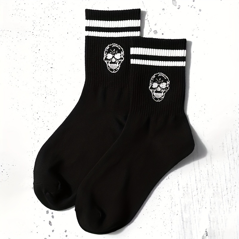 Image of 1 Pair Of Striped Printed Socks With Skull Print, Casual And Fashionable Style, Mid-calf Sports Socks, Men's Long Socks