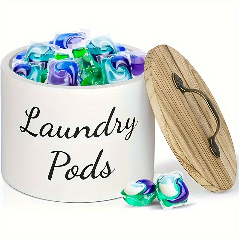 

Chic Wooden Laundry Pod Holder With Lid - Round Detergent Bean Storage Container For Organized Laundry Room Decor Laundry Room Accessories Laundry Detergent Container