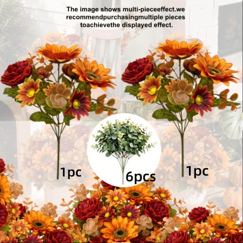 TEMU 8pcs Autumn Warm- Mixed Artificial Bouquet, Sunflower Sunflowers Burgundy Roses Peony Red Orange Small Daisies Champagne Small Flowers