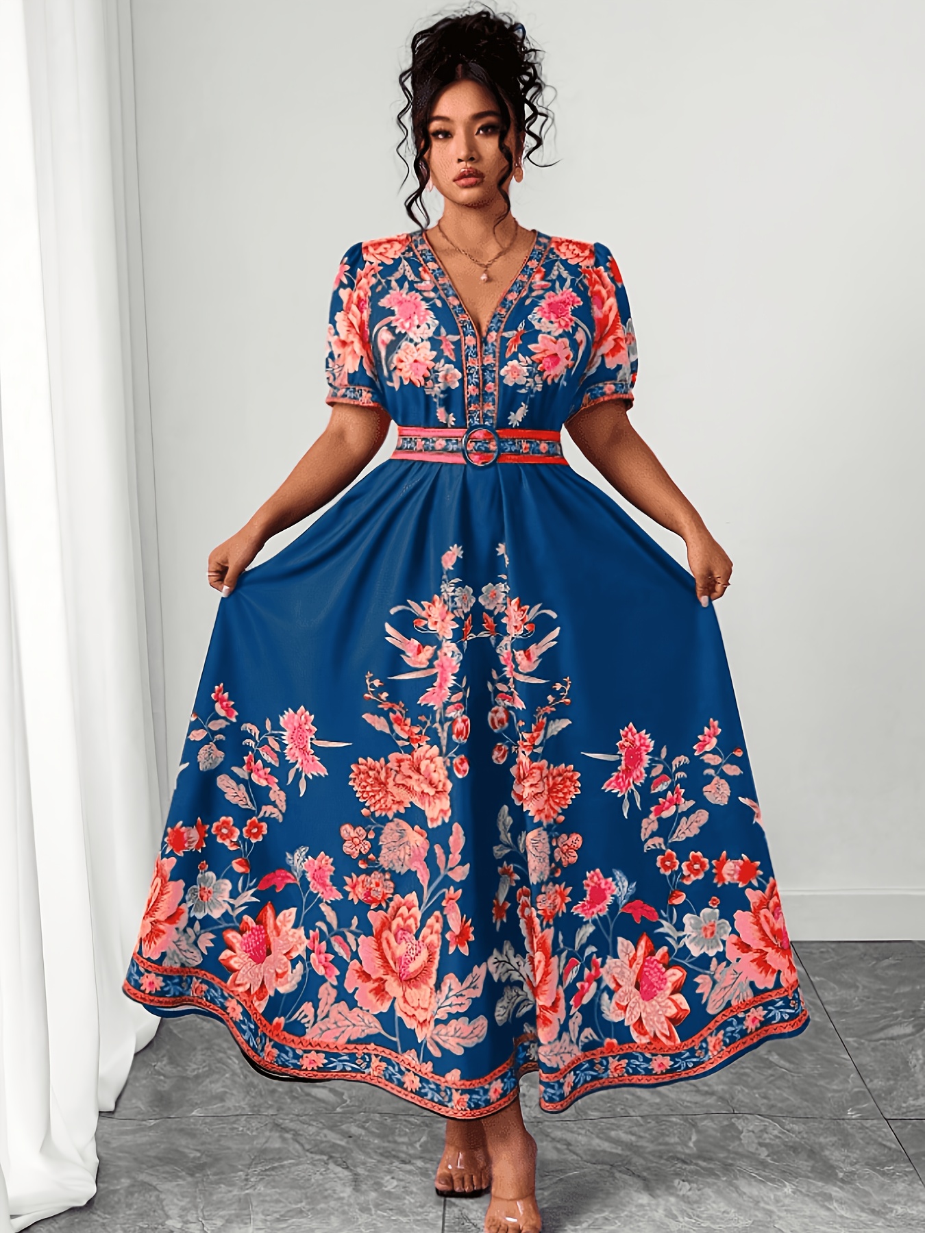 Plus Size - Plus Size - Cross-Border European And American Women'S Elegant  Fashion Positioning Tailoring Short-Sleeved Belt Ladies Dress