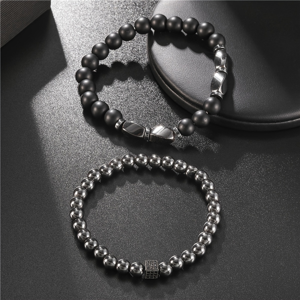 Men's Agate Beaded Bracelet Set with Zirconia Stones