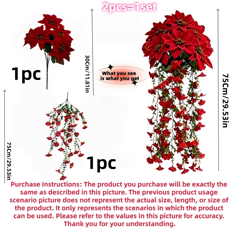 TEMU 2pcs Set Of Luxurious Hanging Artificial Flowers, Floral Decoration, Including Poinsettia And Hanging Flower Ornaments, Christmas Decorations,