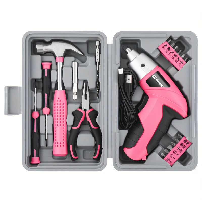 hi 6v electric screwdriver in pink a usb rechargeable lithium battery handheld tool kit portable and in multiple colors suitable for home the kit a claw hammer screwdrivers drill bits Product details 2