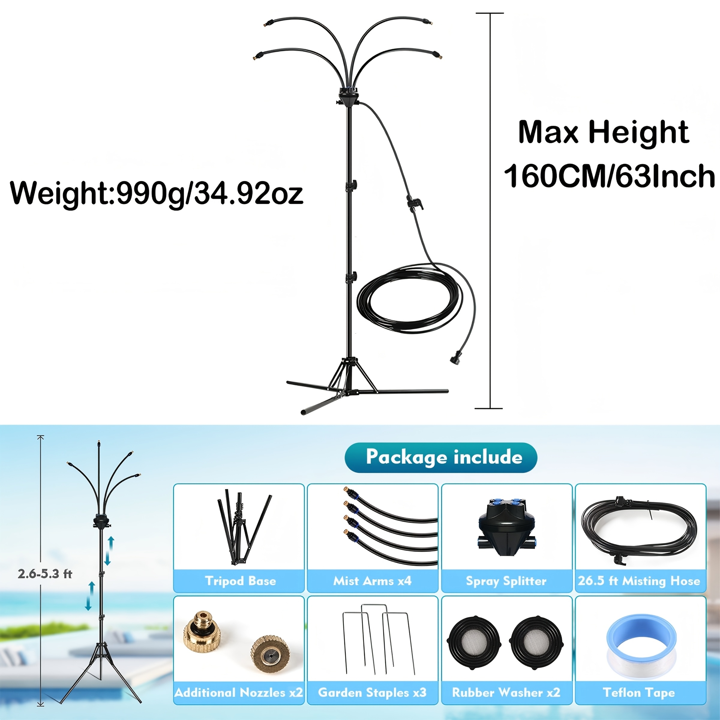 TEMU Standing Misters For Outside Patio, 63in Adjustable Height Outdoor Misting System With 26.5ft Line, Portable Patio Mister For Backyard, Garden,