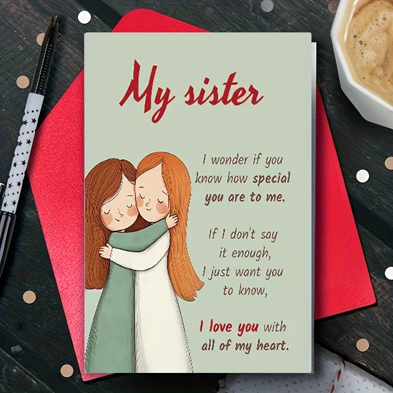 TEMU 1pc, Sister Birthday Card With Envelope - Cartoon-style Hug Design & /back - Personalizable For Wishes - Thoughtful Gift For Sisters, Happy