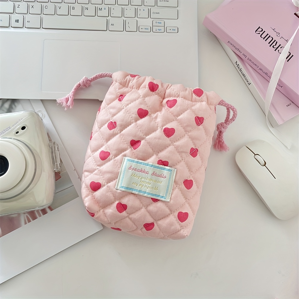 E-shop Niedliche Herz-Muster Kosmetik- & Kamera-Aufbewahrungstasche mit Kordelzug - Pastellrosa/Weiß, Beige, Mini-Toilettentasche mit beschriftetem