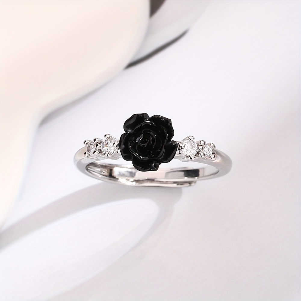 Image of 1pc, Gorgeous Black Rose Inlaid Zirconia Women's Ring With Adjustable Opening Design Size, Suitable For Daily Women As A Gift For Mothers And Girlfriends