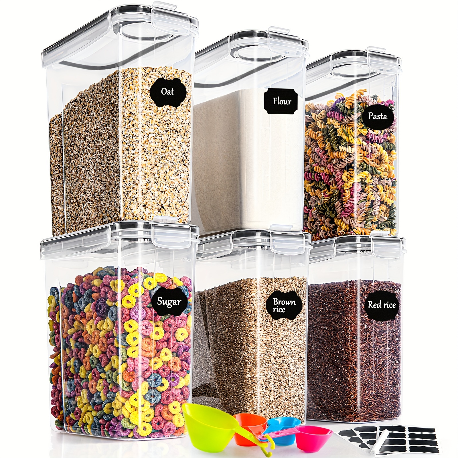 

Set Of 6 Airtight Storage Containers For The Kitchen, Made Of Plastic With , Ideal For Storing Pasta, Cereal, Rice, Flour, And Pet Food, Reusable.