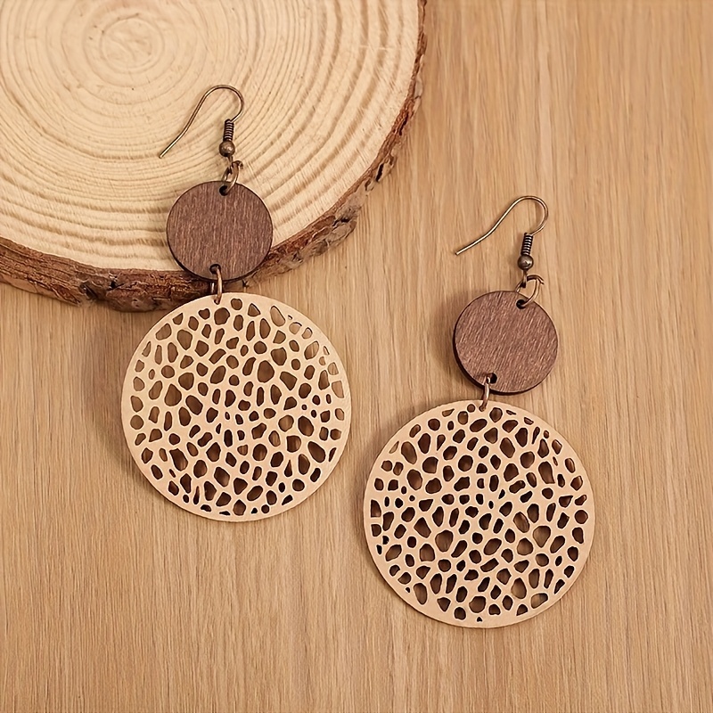 Image of Bohemian Style Vintage Ethnic Earrings Net Cut Wood Shard Drop Earrings Hollow Spider Web Wood Earrings