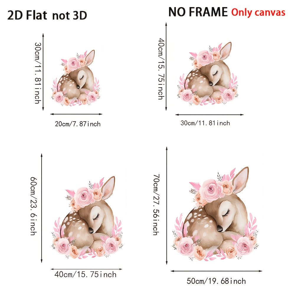 Cute Sleeping Deer and Pink Rose Frameless Poster, Nursery Decor