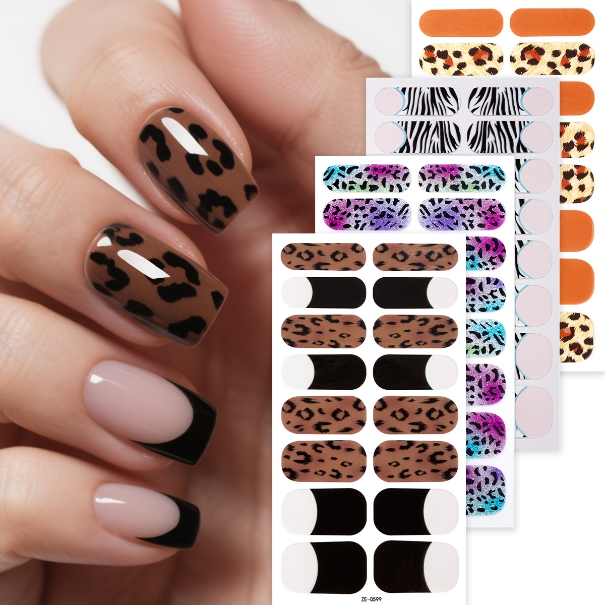 64pcs Nail Polish Strips, Winter Leopard Nail Animal Print Glitter Self-adhesive Nail Full Wraps Gel Nail Stickers For Women Home Diy Nail Art Supplies