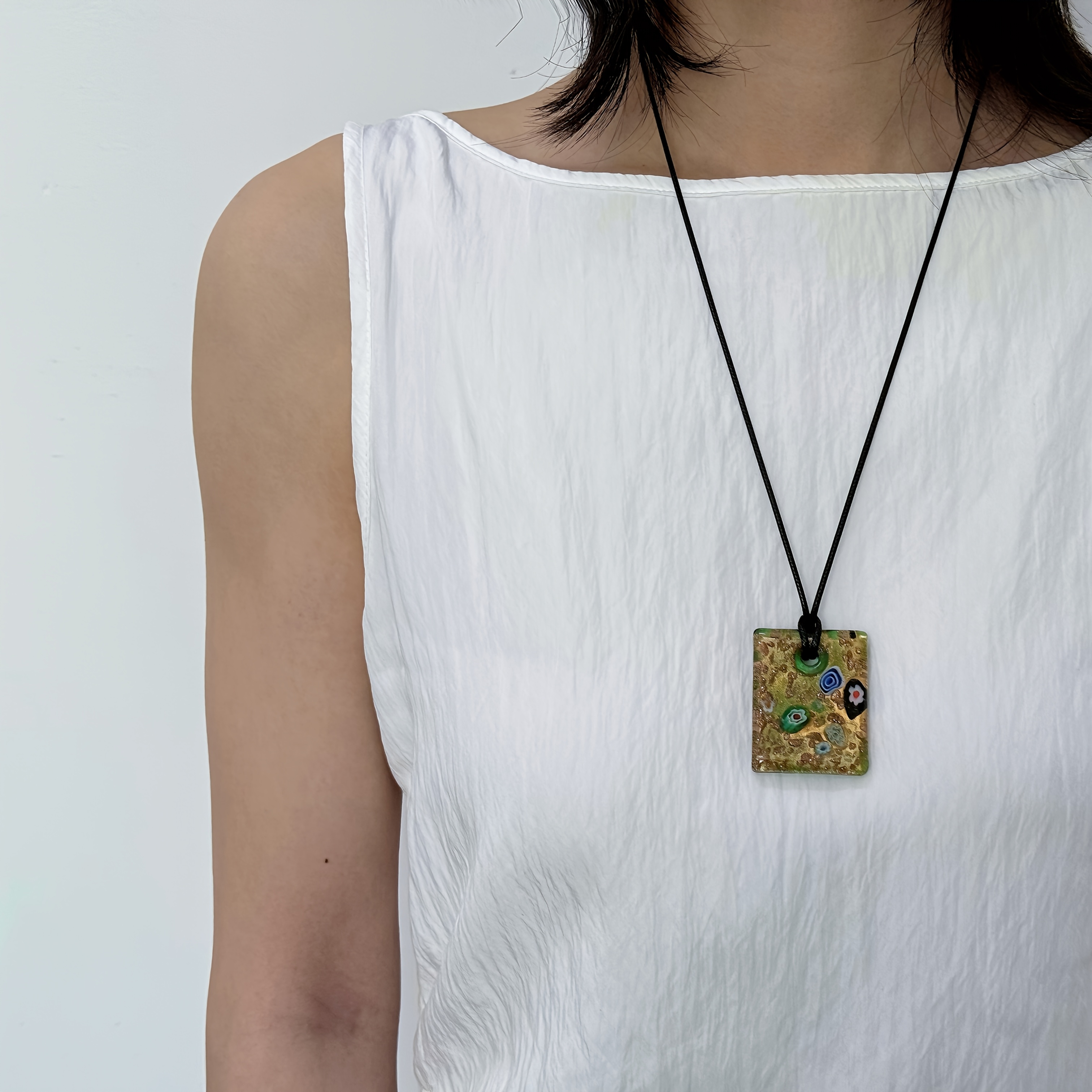 Hand-Fired Floral Pattern Square Glass Pendant Necklace