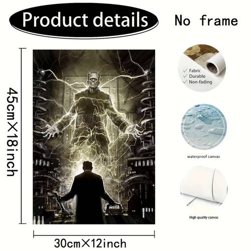 1pc frameless canvas art poster mysterious frankenstein with lightning effects dark tones industrial setting 12x18 inch anime movie or music lovers unique graduation gift idea indoor decoration dramatic artwork detailed illustration poster wall art 2d flat room decor