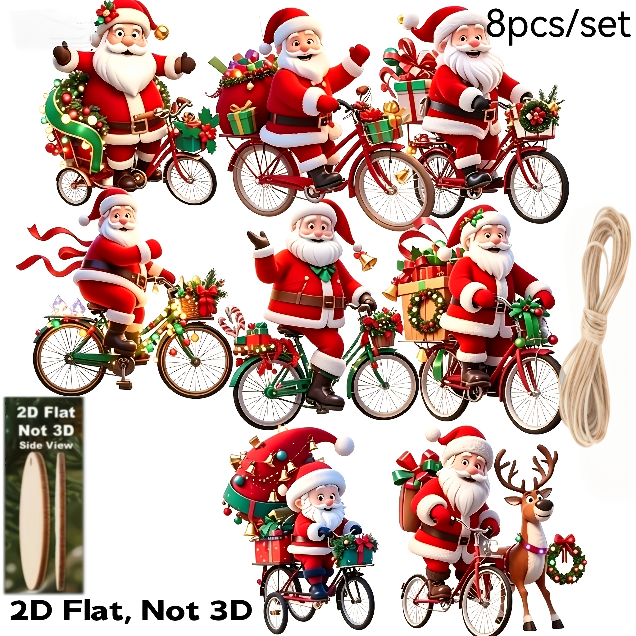 TEMU [2d Flat] 8pcs Santa Claus Riding Bicycle Wooden Ornaments - Artificial Material, Suitable For Home Christmas Tree Decoration, Santa Claus With