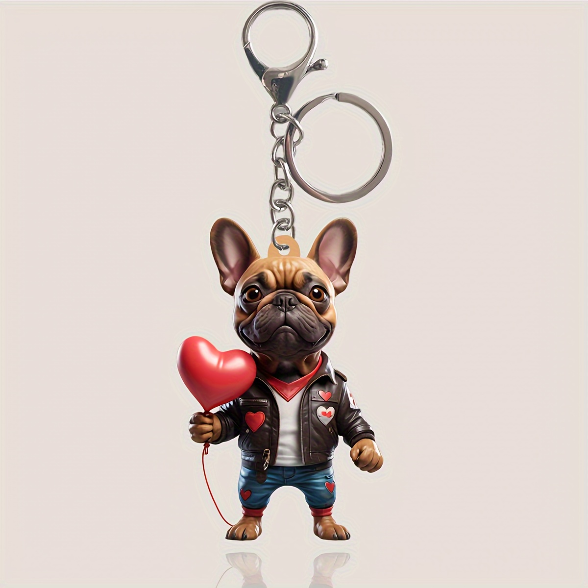 

French Bulldog Keychains With Red Heart Balloon, Acrylic Key Ring Pendant For Handbags, Backpacks, Wallets, Car Keys, Unisex Pendant