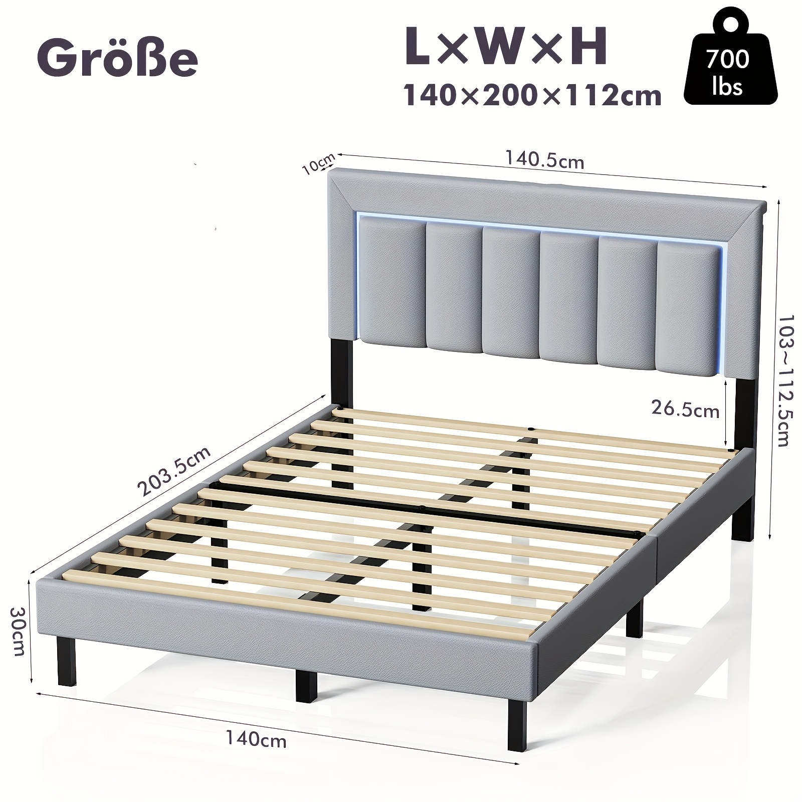 Upholstered Single Bed With Led Light Strip - Sturdy Fabric Bedframe With Headboard, Wooden Slat Support, Grey, 140*200cm