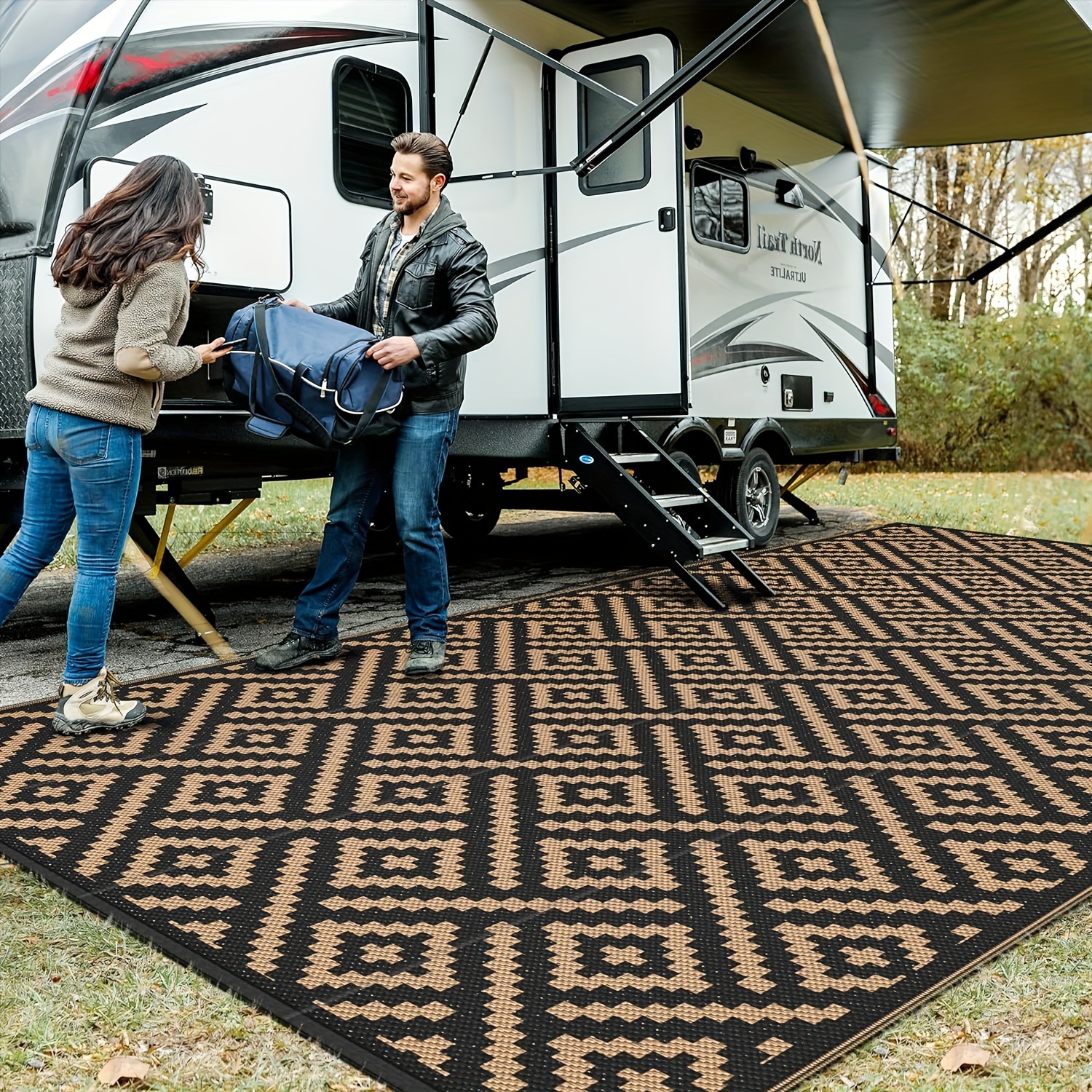 

Outdoor Rug For Patio Clearance, Waterproof Large Camping Mat, Reversible Plastic Straw Rugs For Rv, Camper, Balcony, Backyard, Picnic, Deck (black & Brown)