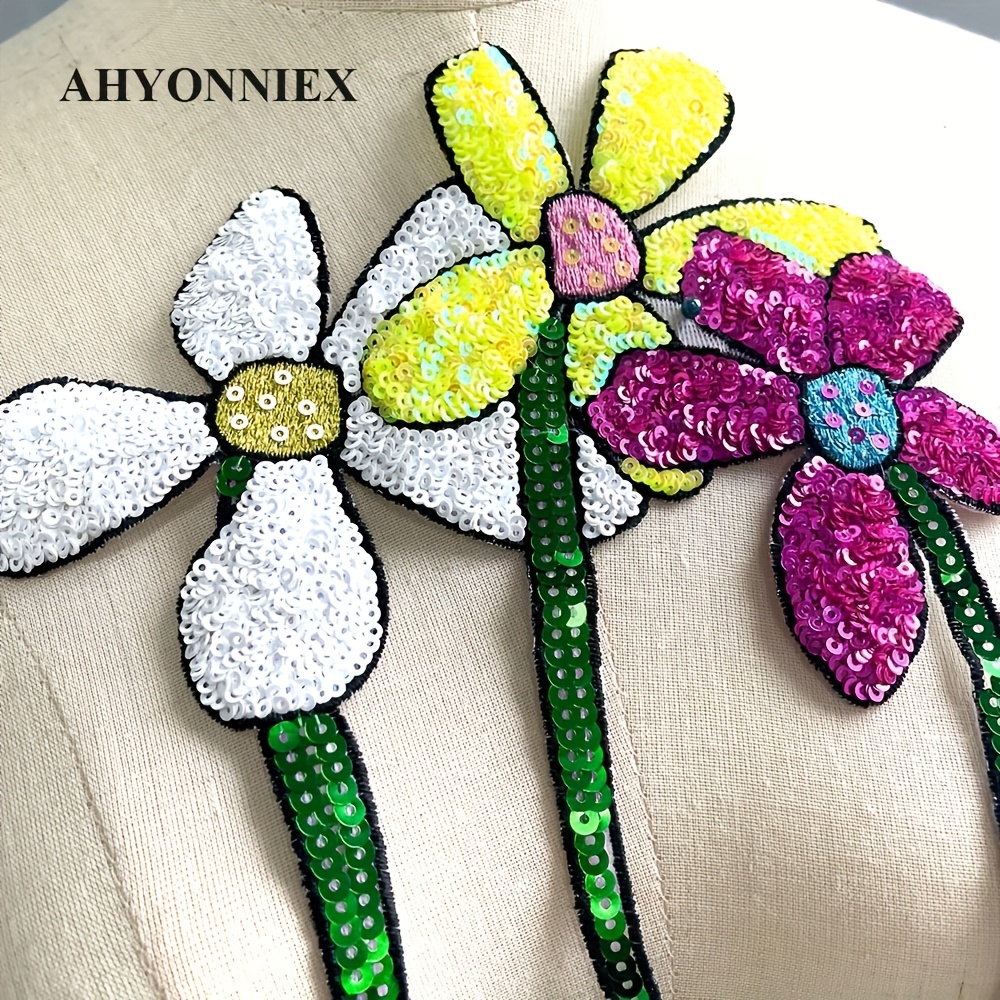 

Sequin Flower Appliques Embroidery Patches, Set Of 3, Diy Multicolor Iron-on Fabric Decorations For Clothing Accessories