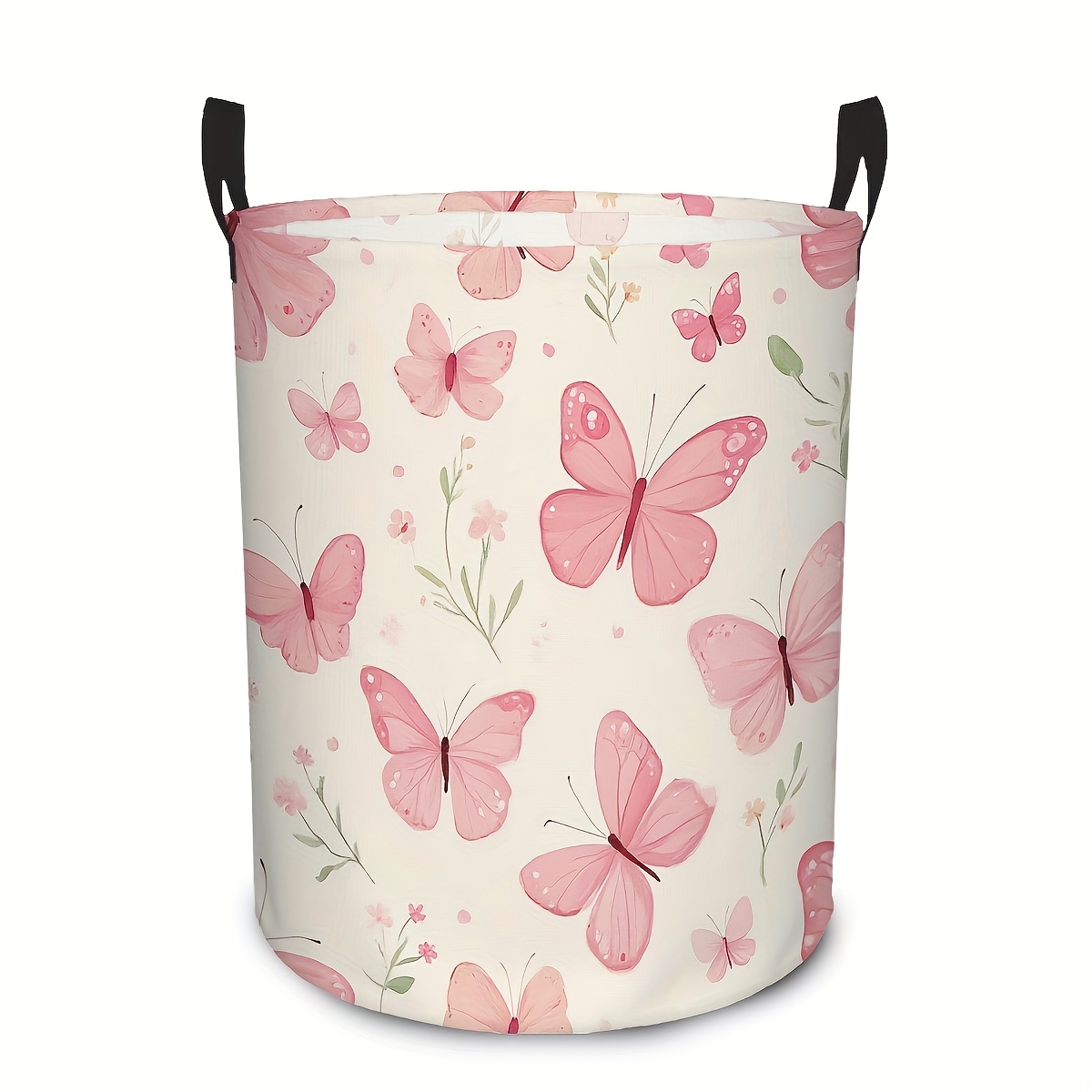 E-shop 1 Stück Runder Wäschekorb in Rosa mit Blumenmuster robustem Griff – Langlebiger Canvas-Wäschekorb geeignet für Kleidung, Badezimmer,