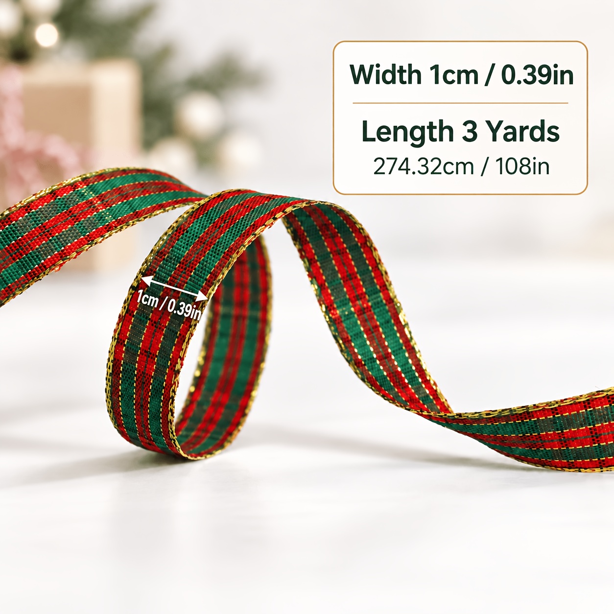 TEMU Nastro a quadri natalizio da 108In, nastro decorativo e verde largo 0.39In con bordo per confezioni regalo di Natale, realizzazione di fiocchi,