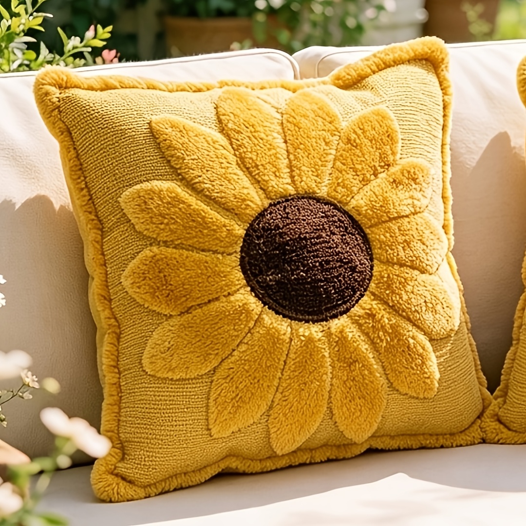 TEMU 1pc Yellow Sunflower Plush Pillow Cover 18x18in, Spring And Summer Embroidered Plush Flower Pillowcase, Indoor And Outdoor Decoration, Soft And