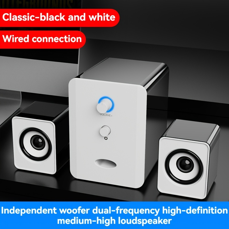 SADA S-201 2.1 Channel USB-Powered Desktop Speakers with Bass Boost, 3.5mm Audio Connection, Volume Control & Blue Accent Light - Compact 2.1 Channel Computer Speakers for Laptop, PC, Gaming, Home Office, Small Speakers for Desk, Gaming Audio, Modern Audio Gear, Durable Audio Gear