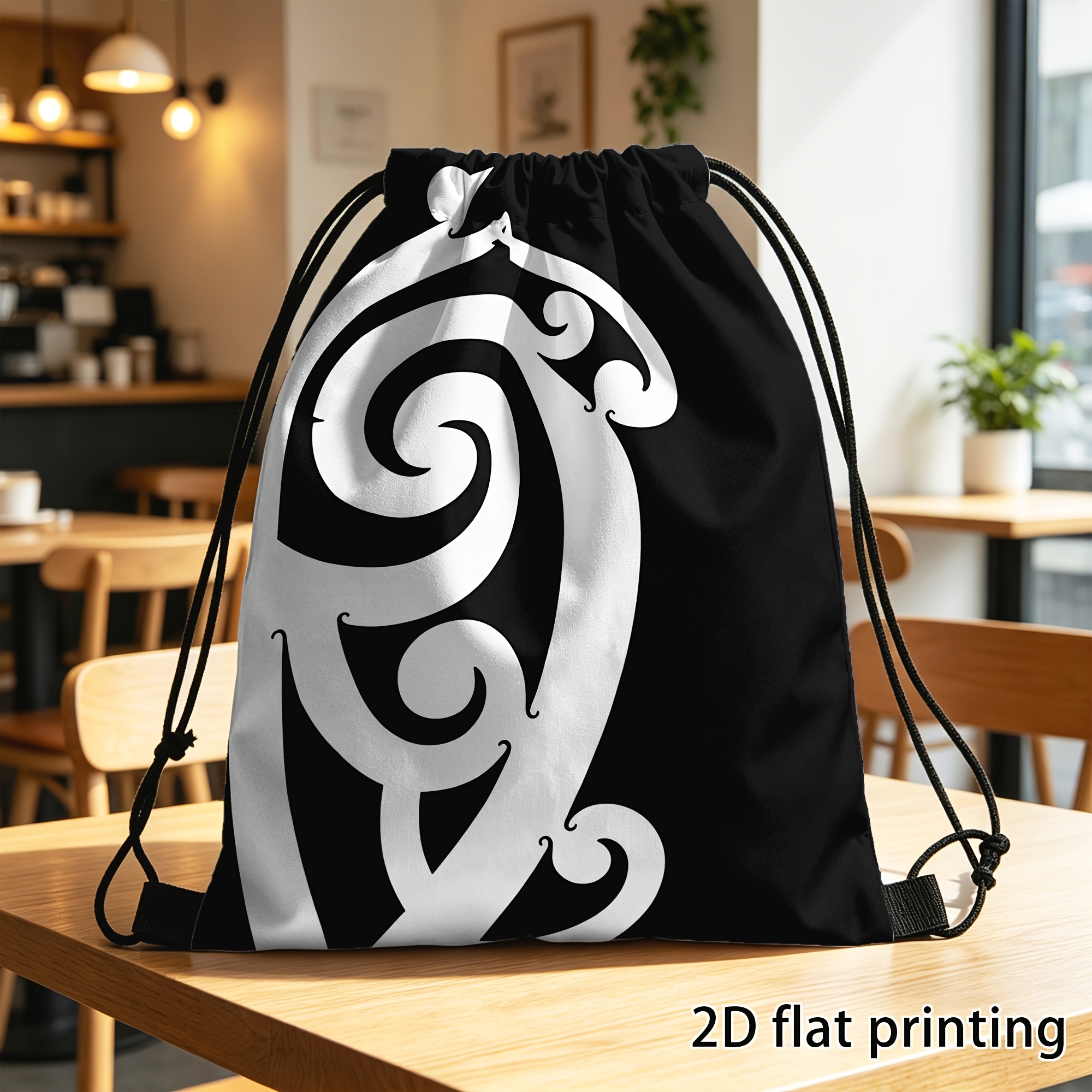 TEMU Drawstring Bag, Sports Fitness Bag, Backpack, Practical Sports Bag, Featuring Black And White Layered Maori Koru Print, Ideal For Gym, Travel,