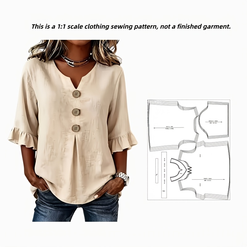 TEMU Sewing Pattern For Women's Plus-size Casual V-neck Three-button Sleeve Versatile Commuter Tops, 1:1 Scale Sewing Template, Suitable For