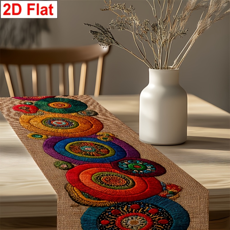 TEMU 2d Runner And Table Cover With Boho-style Colorful Circular , Ideal For Spring, Festivals, And Parties. Suitable For Homes, Cafes, Kitchens,