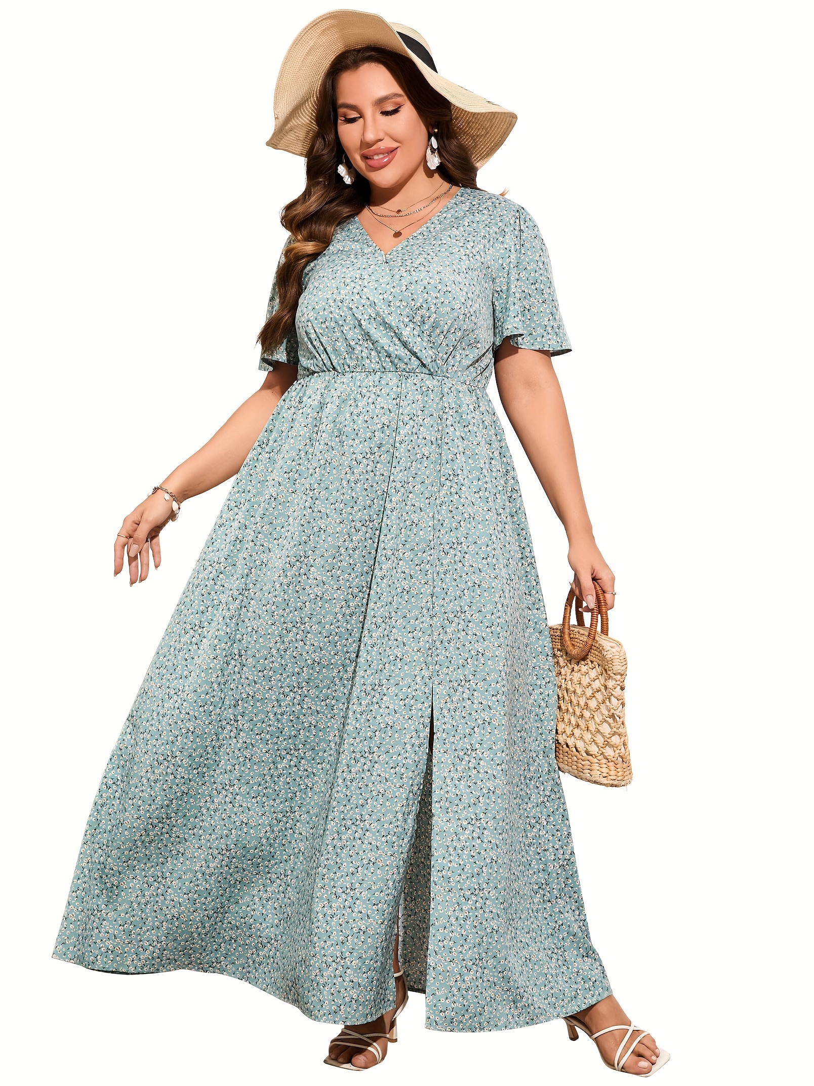 women plus size wrap maxi dress short flutter sleeves empire - Temu