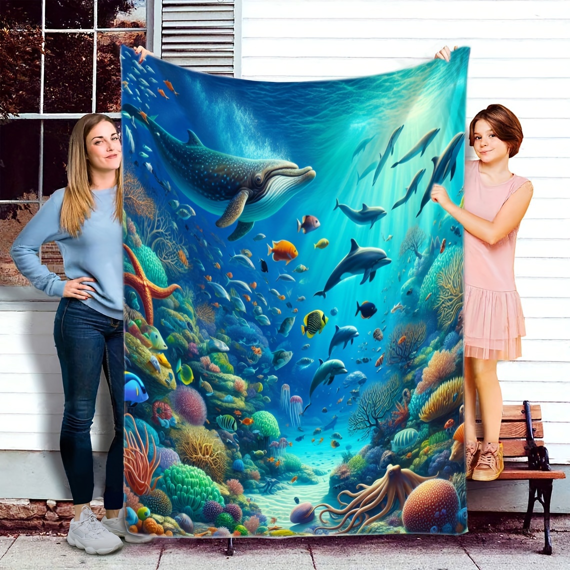 

1pc Gift For Friends Blanket Underwater World Ocean Animal Blanket Soft Flannel Sofa Blanket For Couch Office Bed Camping Travel, Multi-purpose Gift Blanket For All Season