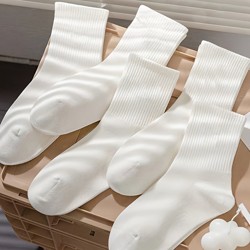 

5pcs Elegant Women's Mid-calf Socks - Breathable Cotton , Solid Color, Sports & Casual Wear