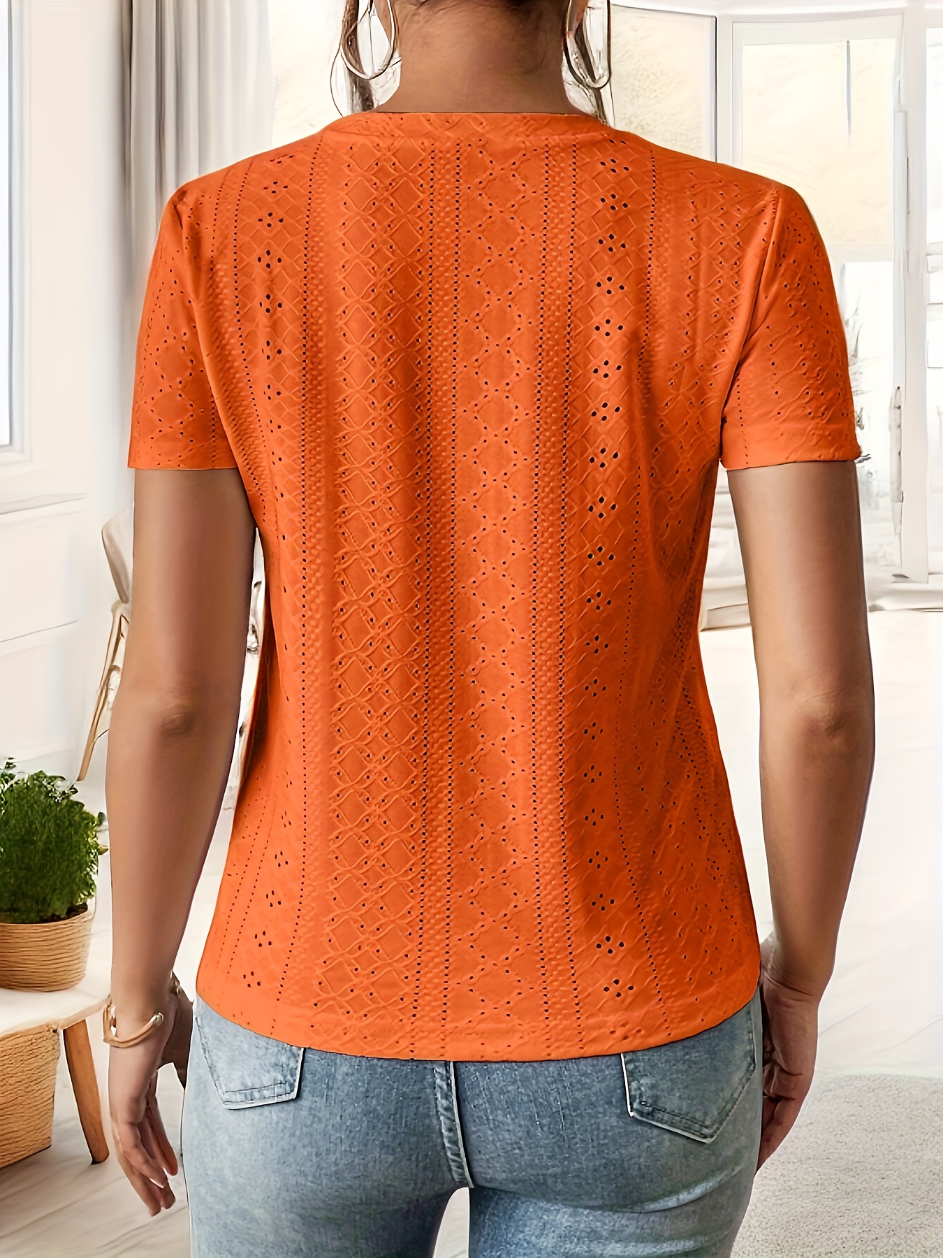 Eyelet Crew Neck T-Shirt, Casual Short Sleeve Top For Spring & Summer, Women's Clothing