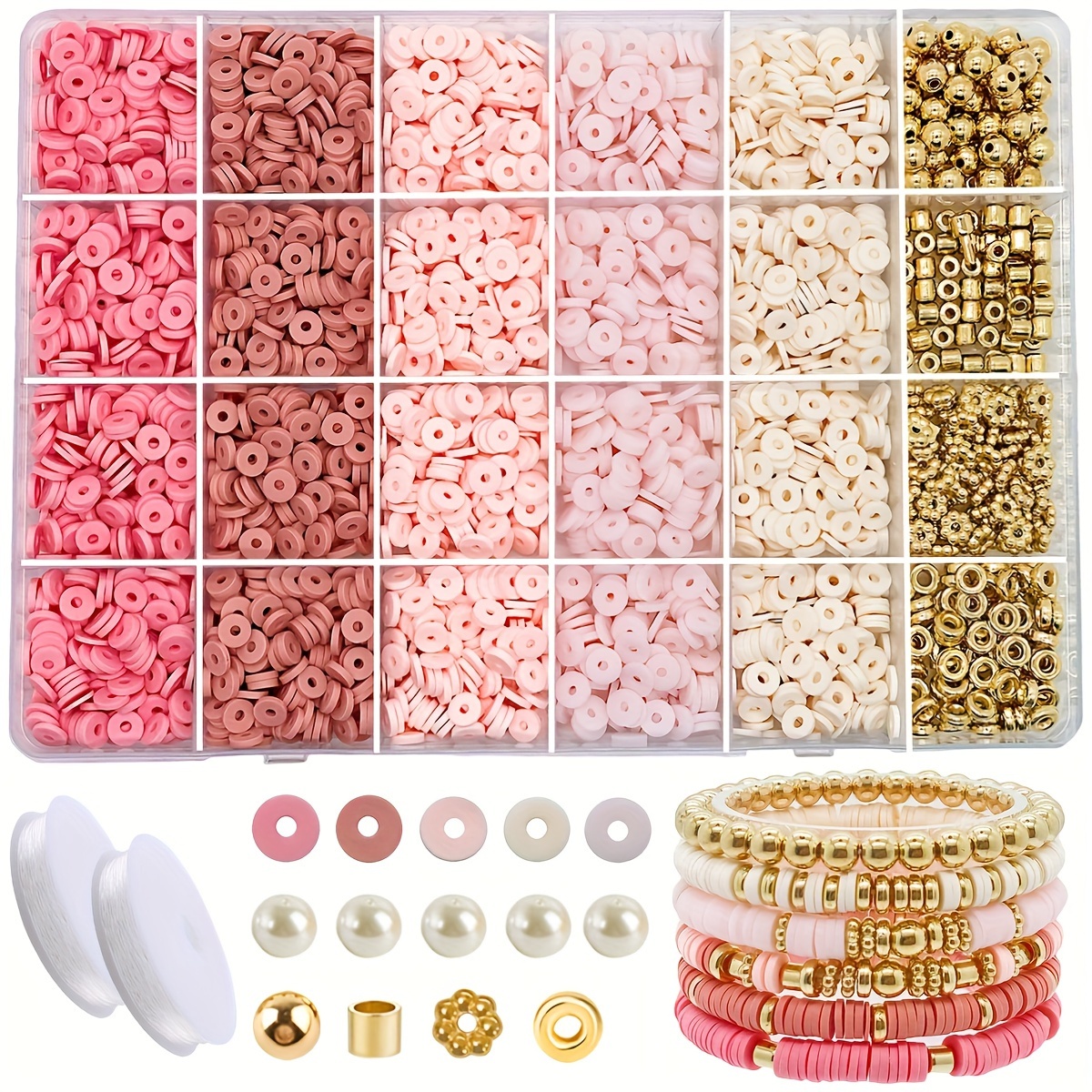 

2000pcs 6mm Polymer Clay Beads With 250pcs Golden Beads With Crystal Thread For Jewelry Making Diy Bracelet Necklace Earrings Beaded Craft Supplies