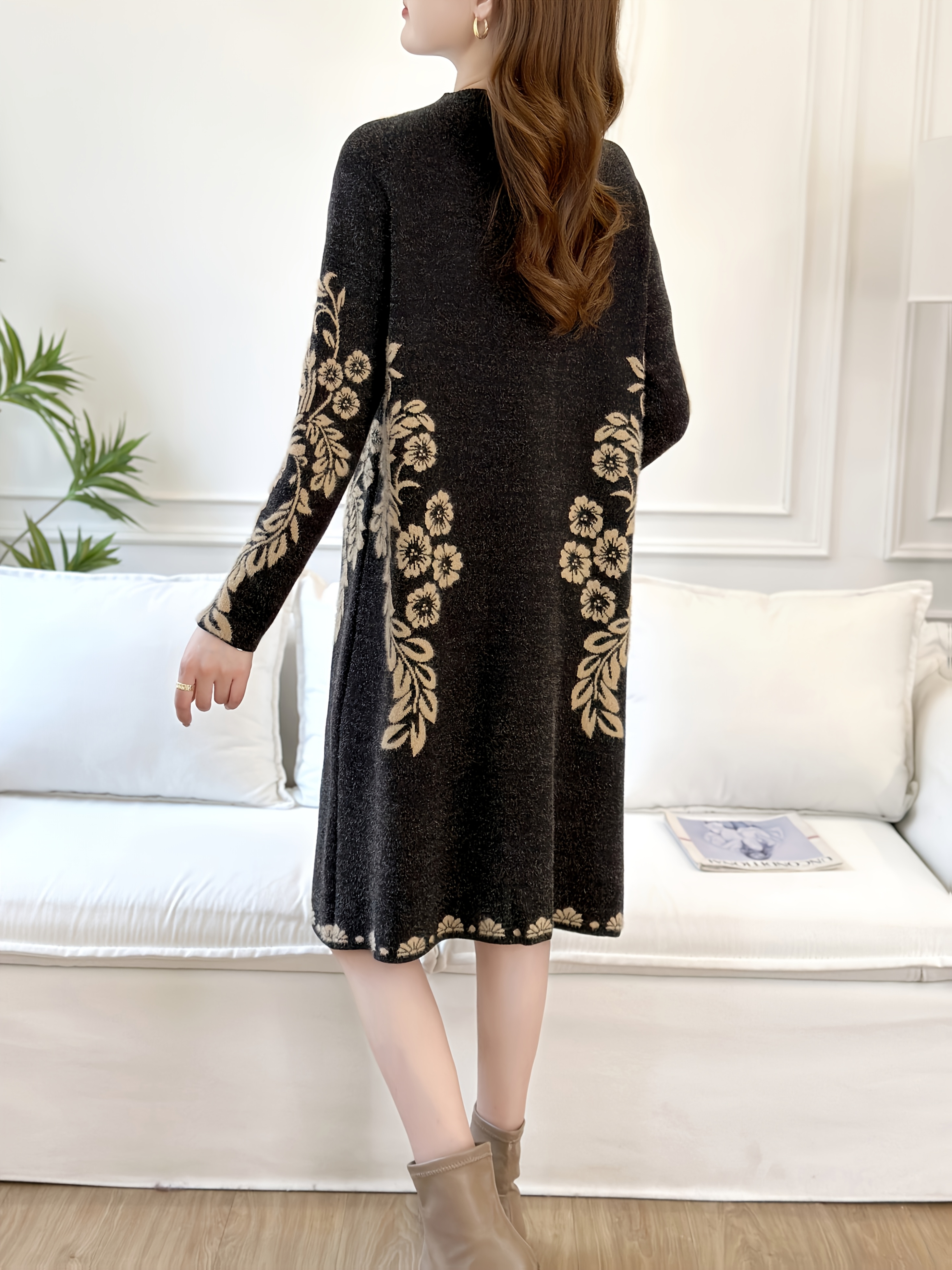 elegant black long sleeve dress women chic fall winter midi - Temu Greece