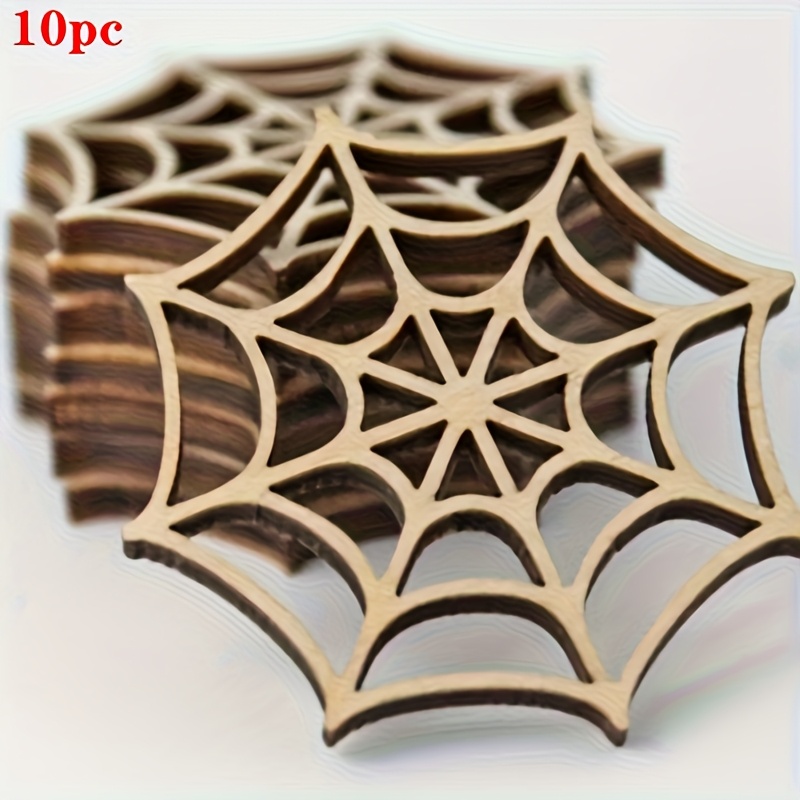 10pcs Of Wooden Web Shaped Wood Chips Suitable For Diy Painting Graffiti Crafts Wooden Hanging Ornaments For Halloween Christmas Holiday Party Decorations
