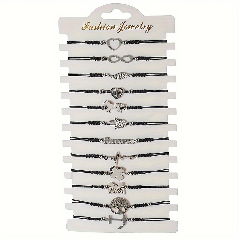 Image of Set Of 12 Stainless Steel Bracelets Featuring Geometric Animal And Plant Designs, Adjustable Black Rope Charm Bracelets For Women