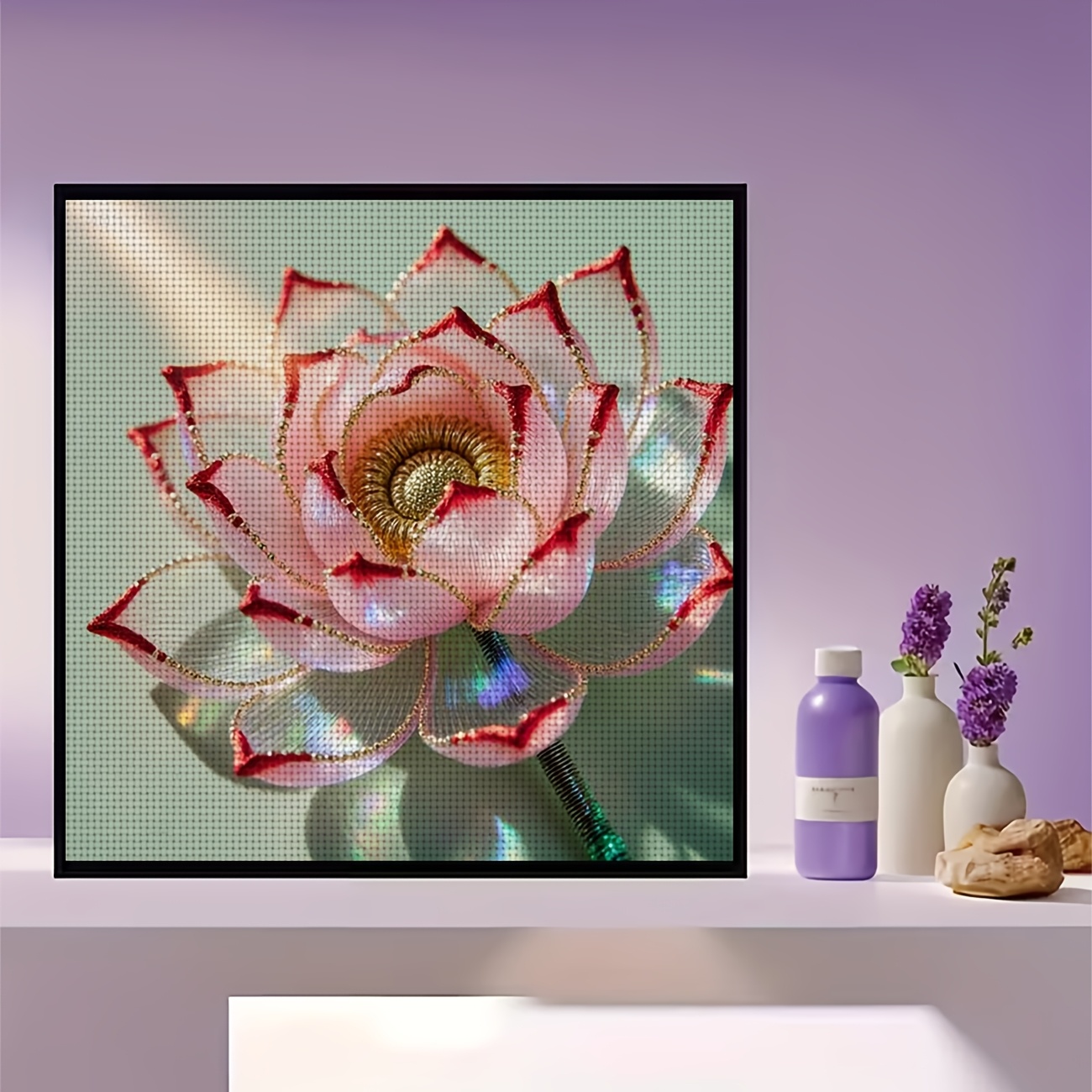 Cross Stitch Kit, Pink Lotus with Red Edges, Ideal for Beginners