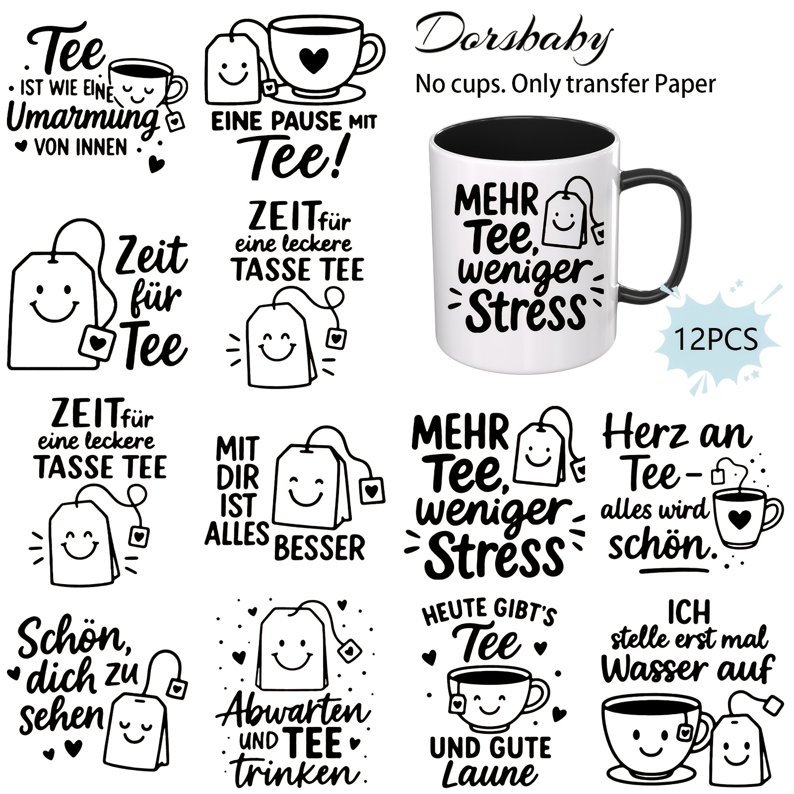 Image of 12pcs/set German Afternoon Tea Uv Dtf Transfer Cup Wraps For Glass And Ceramic Cups, Rub-on For Planners, Tablets, Phone Cases And ( Transfer Paper)