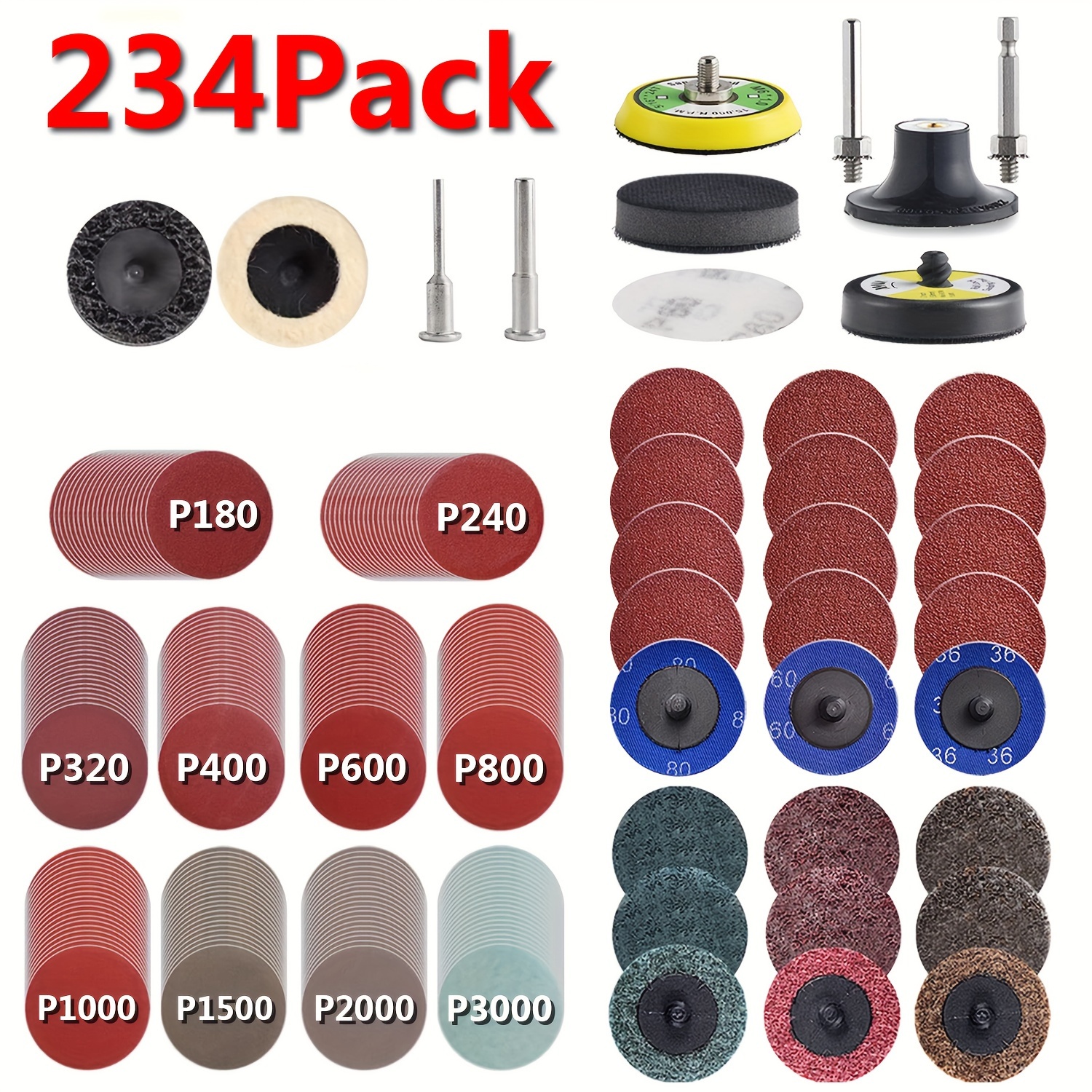 

234pcs Sanding Disc Pad Variety Kit, 2", For Mold Grinders, Drill Sanding Attachments And Rotary Tools, With 1/8" And 1/4" Shanks, Grit Range P36-3000