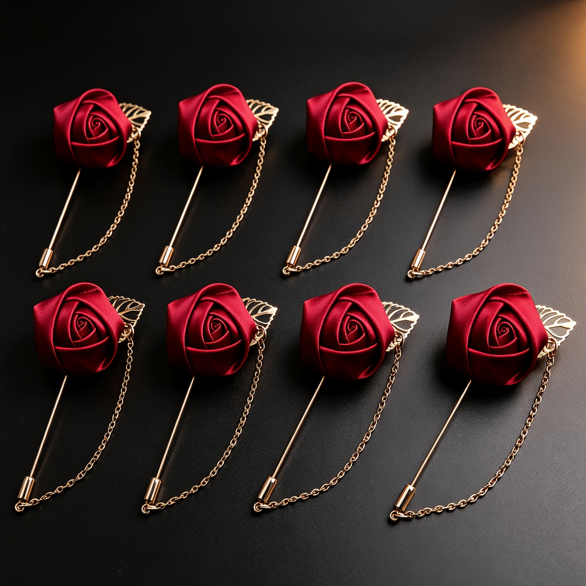 TEMU 8pcs Men's Wedding Boutonniere With Dark Red Rose & Golden Chains - Suitable For Groomsmen, Suit Lapel Flowers, Table Centerpieces For Weddings,