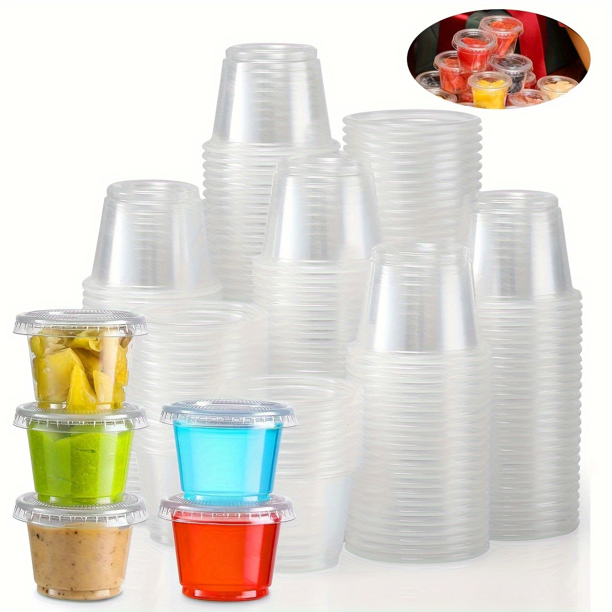 250 Stück *-Shot-Becher mit Deckeln – Plastik, auslaufsicher, luftdicht * für Salatdressing, Dip-Saucen, Gewürzbecher, Portionen für Partys, Lunchboxen, Picknicks, Ausflüge – Plastikbecher