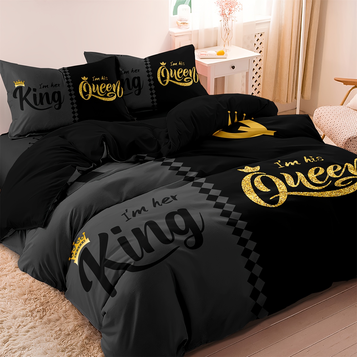 TEMU 3pcs Queen & Letter Couple Quilt Duvet Cover Set, Soft Comfortable, Hd Printing For Bedrooms Guest Rooms Or Dormitory Decor,