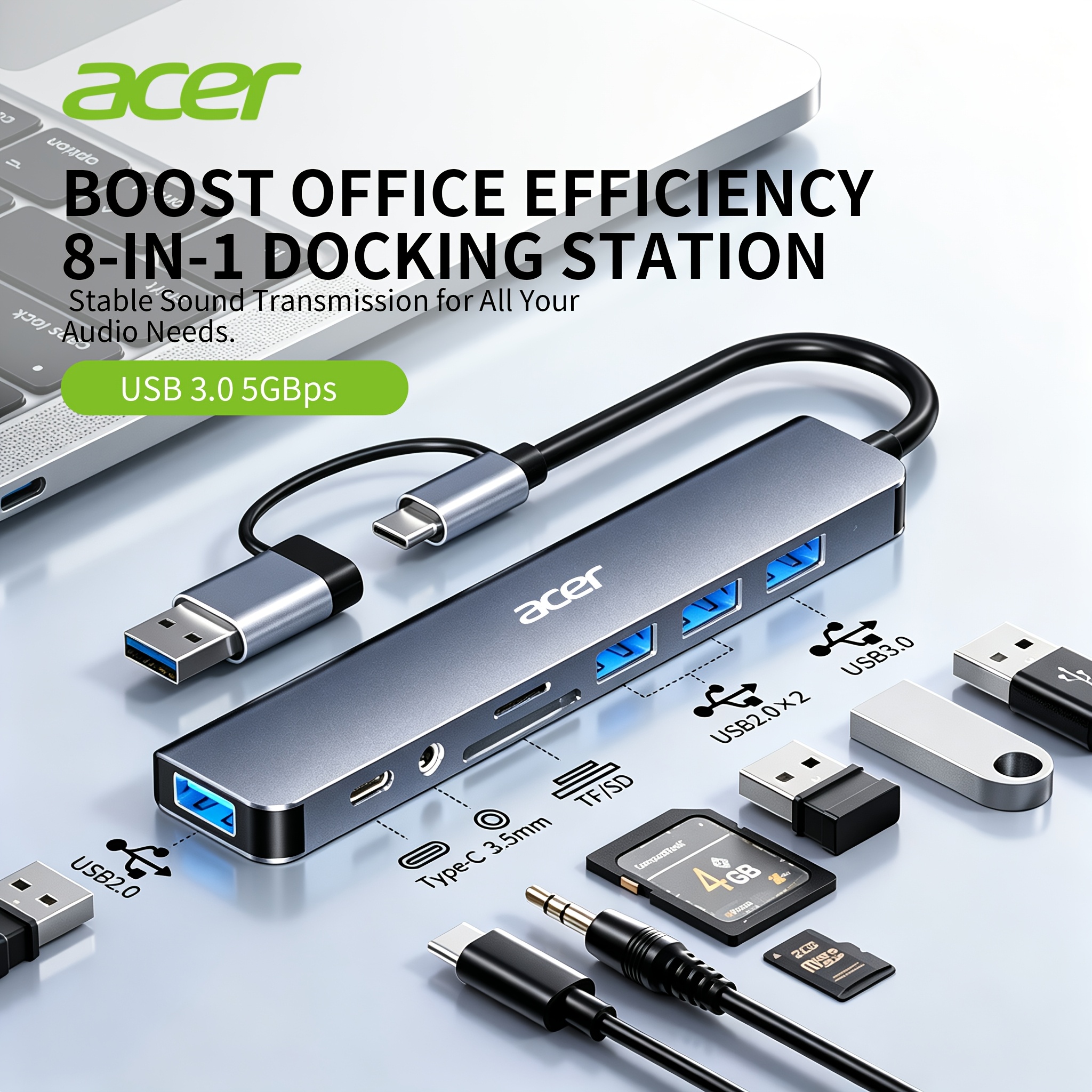 TEMU Acer 8-in-2 , Usb And Type-c Ports, Featuring Usb 3.0 And Usb-c And Sd/tf And 3.5mm Audio. A Versatile Docking Station That Supports Seamless