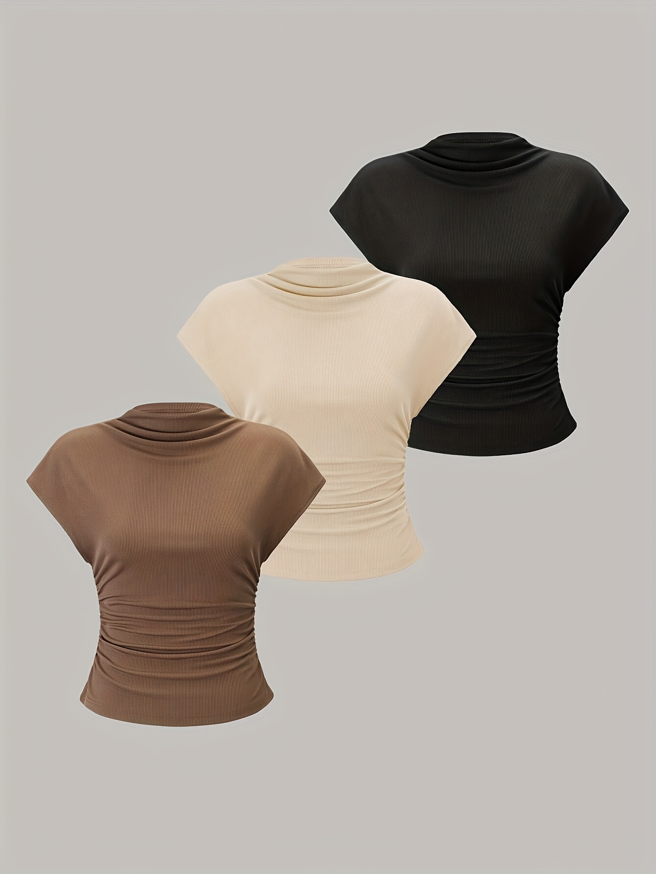 3pcs womens elegant turtleneck batwing sleeve t shirts   solid colors black beige brown machine washable spring summer fall essentials casual wear   stretchy fabric