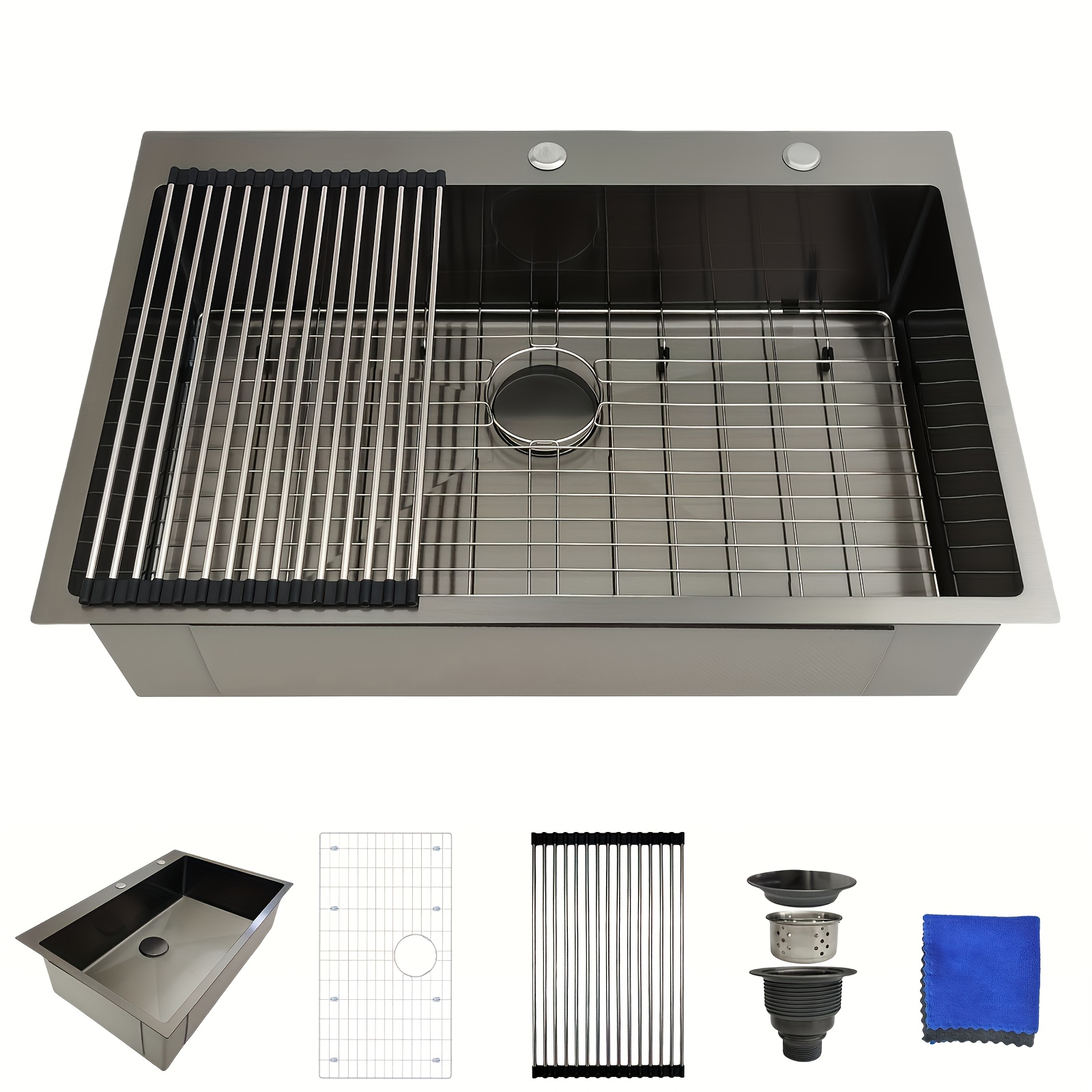 Stainless Steel Waterfall Sink With Cup Washer – Large Single Bowl Black Kitchen Sink, Temperature Display, Complete Accessories (75x45x22cm)