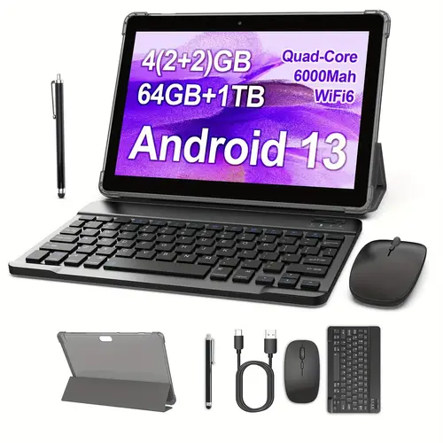 10 inch 2 in 1 tablet with keyboard case mouse stylus pen android 13 core cpu 4gb 32gb storage 1tb expandable 6000mah battery dual cameras wifi 6 1280x800 ips display type c charging productivity accessories sleek aluminum body detachable keyboard